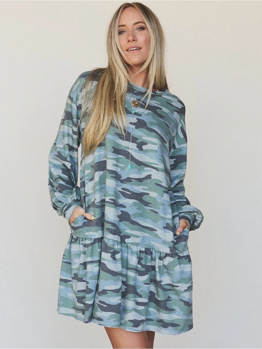 Boutique The Nest Three Birds Nest Jade Long Sleeve Camo Mini Dress